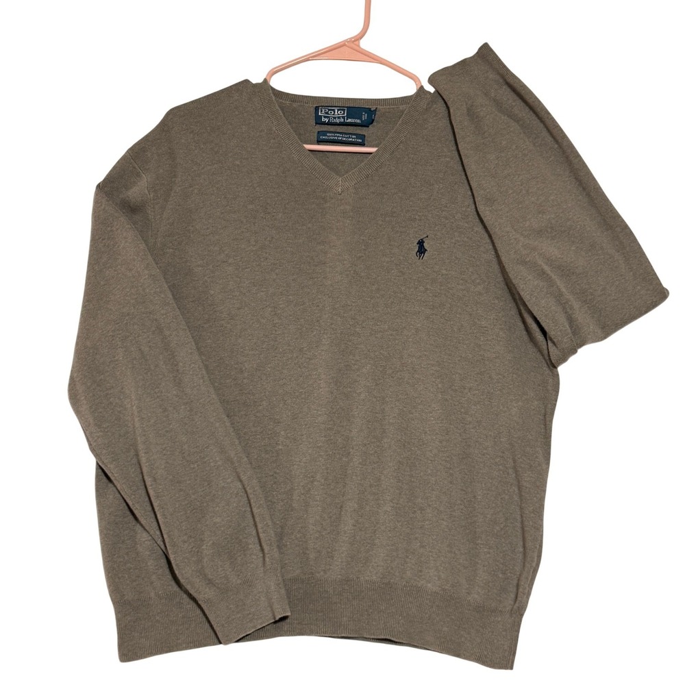 Polo Ralph Lauren Mens‎ L Gray V-Neck Sweater Pima Cotton Pony Logo